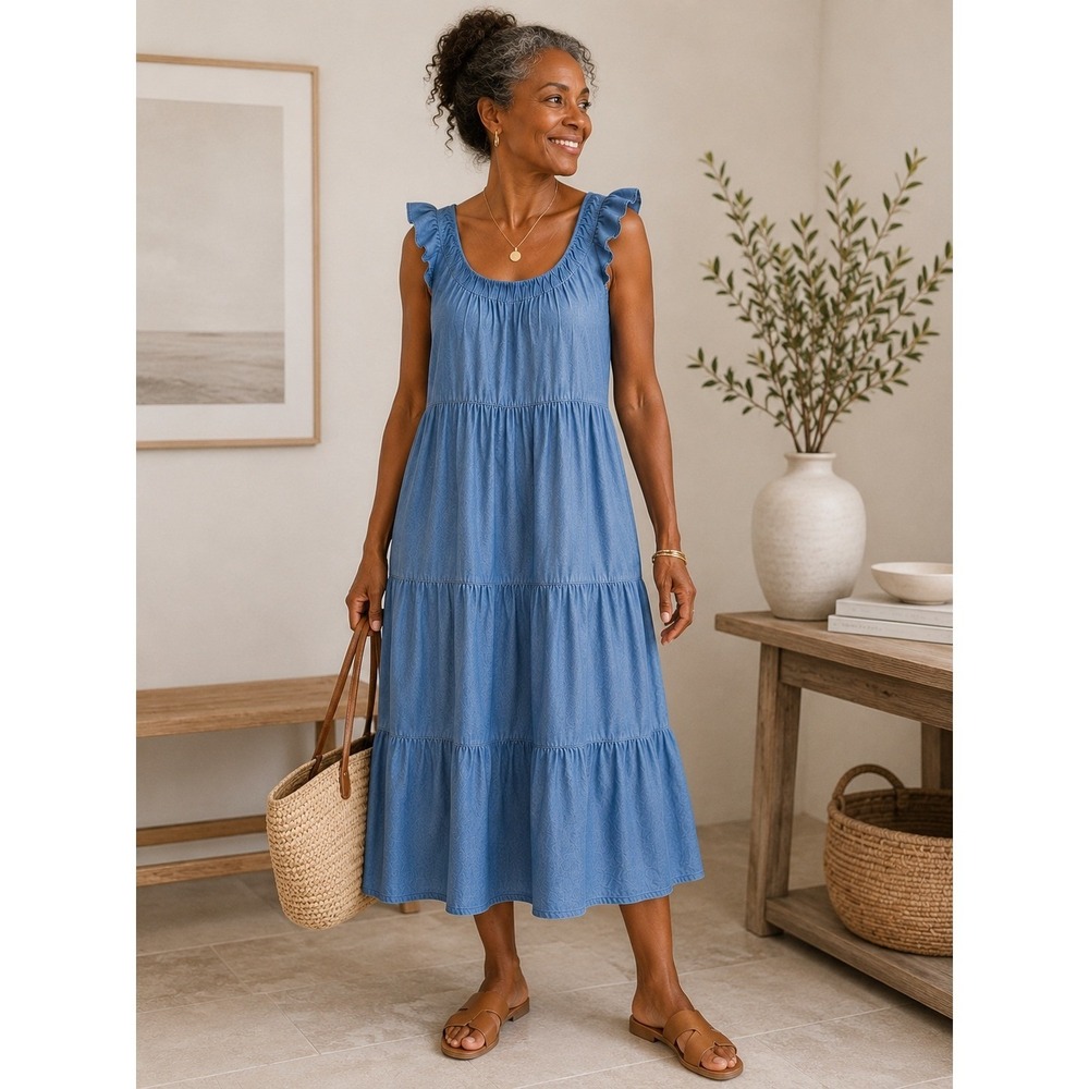 LOFT Womens Blue Chambray Tiered Midi Dress Ruffle Sleeve Cotton Lyocell Size M